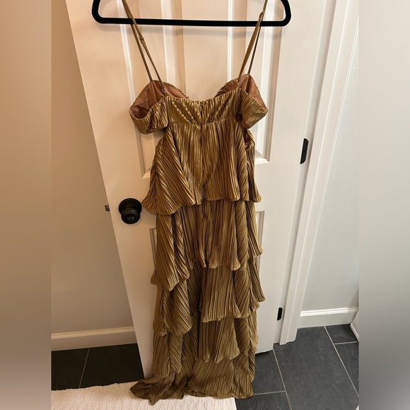 Lulus Kanya Gold Satin Plisse Tiered Maxi Wedding Guest Dress - Picture 7 of 9